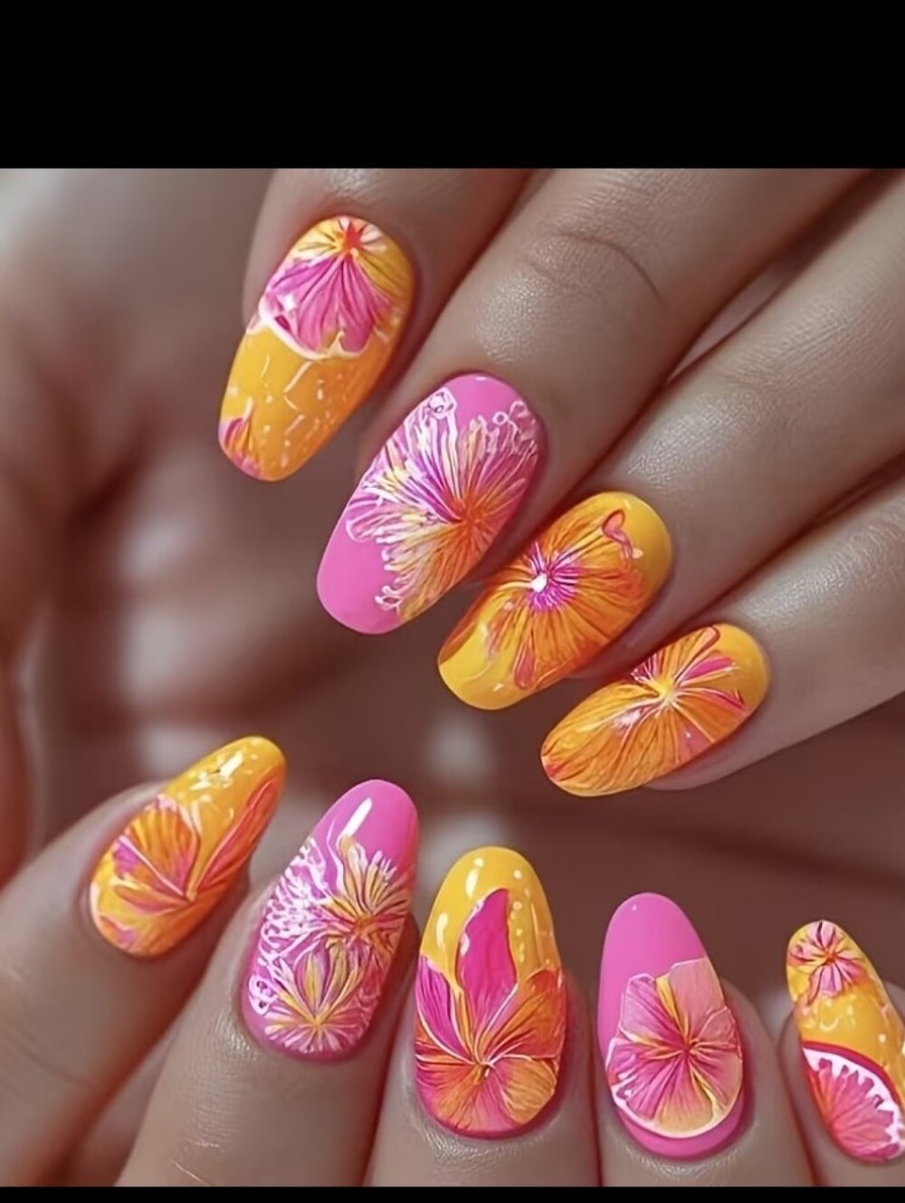 🔥3/$21 Tropical Pink & Yellow Floral Gel Nail Set